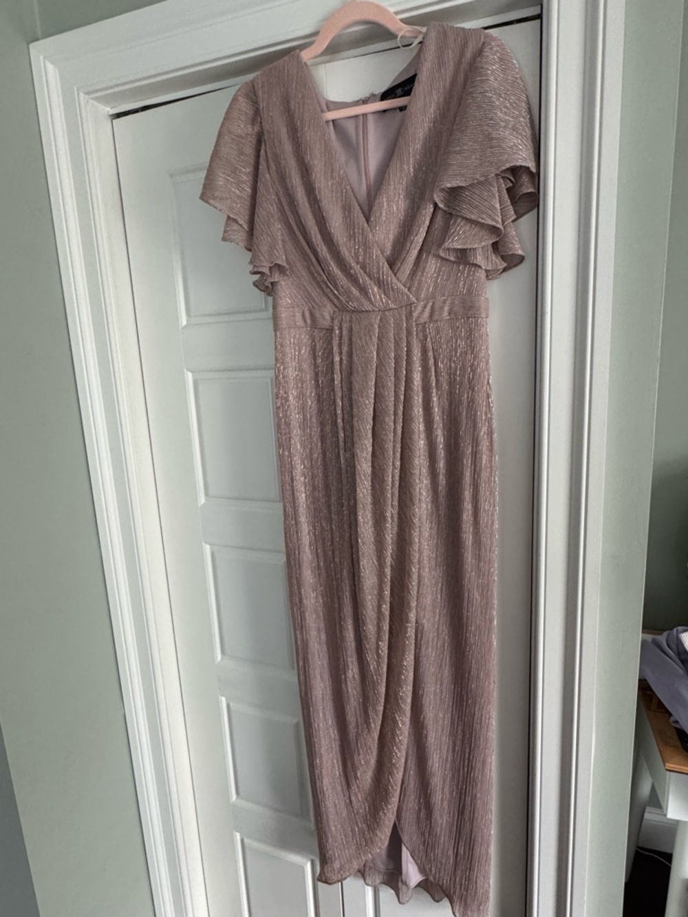 Metallic Rose Pink Wrap Maxi Dress with Flutter Sleeves